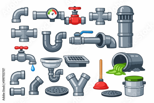 Comprehensive Vector Set of Cartoon Plumbing and Sewage System Elements Featuring Metal Water Pipes, Valves, Faucets, Pressure Gauges, Plungers, Drains, and Industrial Pipeline Connections.