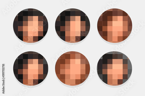 Set of Round Pixelated Face Icons with Censor Blur Effect for Privacy and Identity Protection, Circular Mosaic Texture for Hiding Faces in Digital Media, Security and Anonymity Vector Illustration