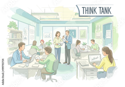 Diverse team collaborating in a modern office space, brainstorming ideas and working on projects