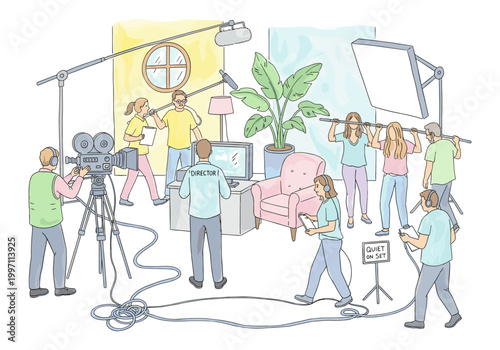 Film crew working together on a movie set with cameras, lights, and boom microphones