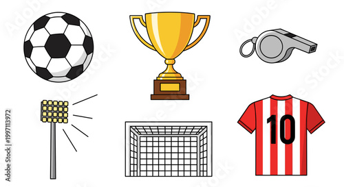 A vector graphic illustration of various soccer icons and equipment on a white background