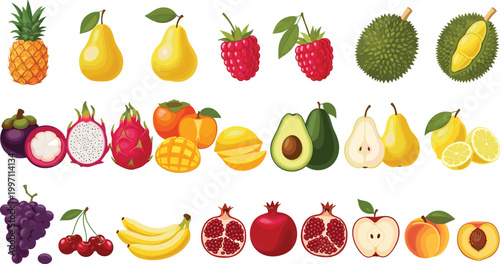 Fresh Fruit Icon Set Featuring Tropical and Organic Fruits like Pineapple, Mango, Avocado, Banana, Pomegranate, Pear and Citrus for Healthy Food Design.