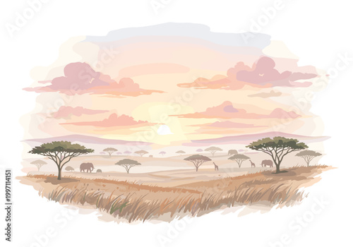 African savanna landscape at sunrise with acacia trees and wildlife