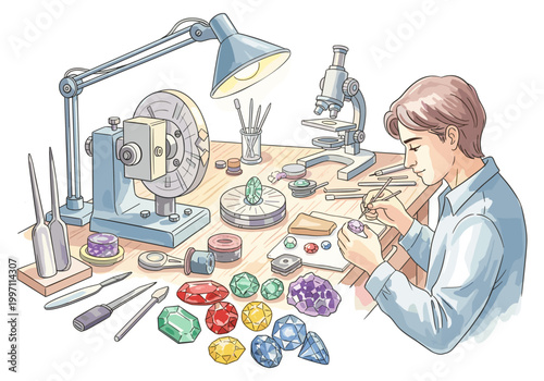Gemologist meticulously examines and crafts precious stones at a workbench with tools