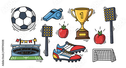 A colorful vector illustration of various soccer-themed icons and symbols on a white background