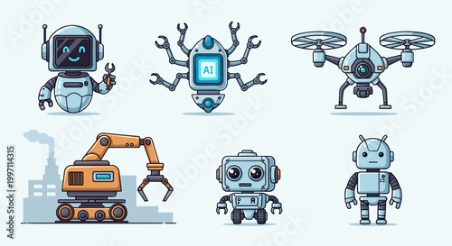 A set of modern robotic icons and illustrations in a flat design style