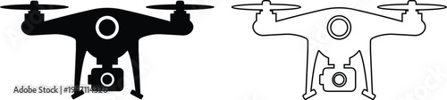 Drone icon set collection group, quadcopter UAV silhouette outline vector pack, aerial camera technology flying device symbol, flat and line style black icons isolated on transparent background