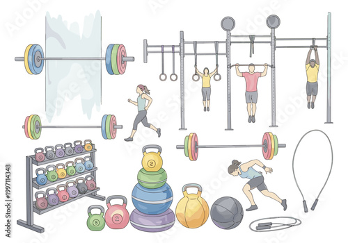 Diverse fitness equipment and people exercising in a gym setting