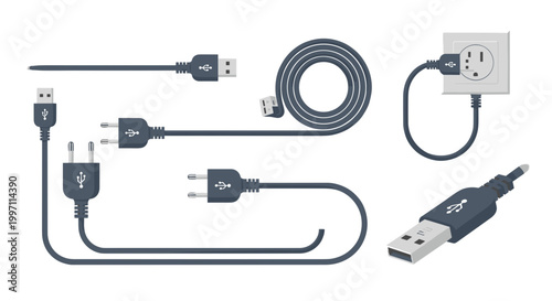 A collection of various USB cables and connectors on a white background