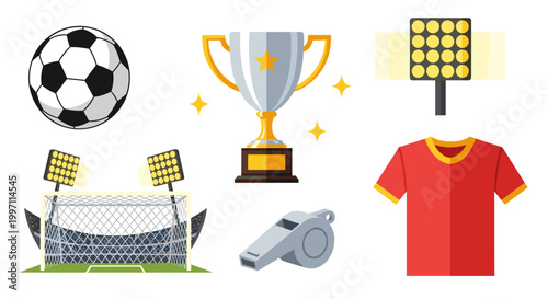 A colorful vector graphic illustration of various soccer icons and symbols on a white background