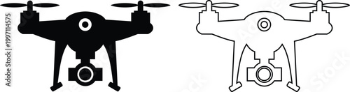 Drone icon set collection group, quadcopter UAV silhouette outline vector pack, aerial camera technology flying device symbol, flat and line style black icons isolated on transparent background