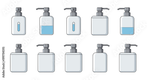 A set of hand sanitizer bottles in various fill levels as a vector graphic illustration