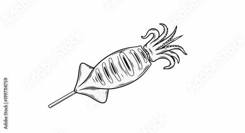 A black and white line drawing of a grilled squid on a skewer