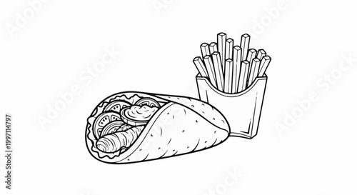 A black and white line drawing of a gyro-style wrap filled with ingredients and a container of french fries
