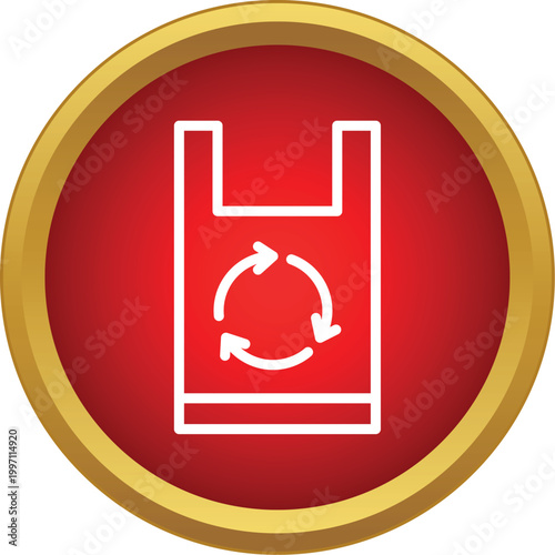 Recycling plastic bag symbol on a red round button with gold border