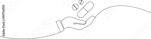 A hand holding pills and capsules in a simple line drawing style
