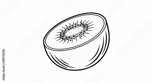A black and white line drawing of a sliced kiwi fruit, showing seeds