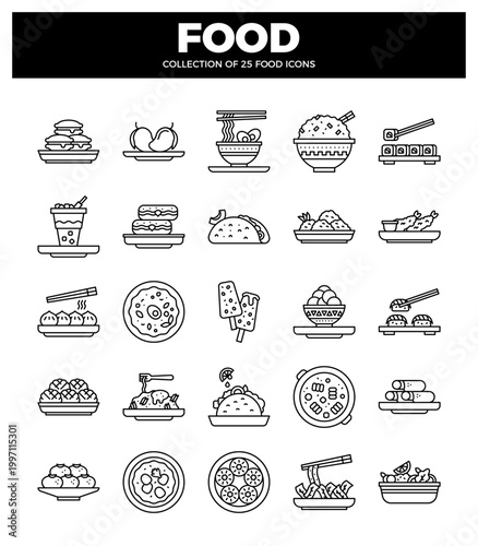 food icons with diverse cuisine representations on a white background.