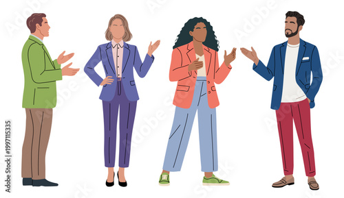 Set of diverse professionals engage in animated discussion. Their gestures suggest lively exchange of ideas. Business meeting, team collaboration, or networking concept