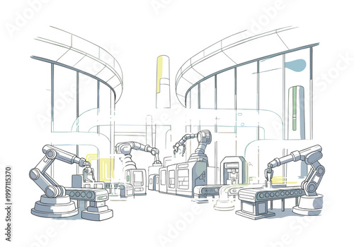 Automated robotic arms working on an assembly line in a modern factory setting