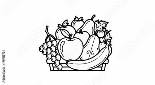 A basket of assorted fruits including apples, grapes, bananas, pears, and berries