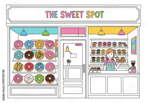 Charming cartoon donut shop with a friendly baker and colorful pastries on display