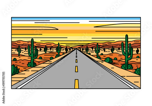 Straight desert highway stretches towards the horizon under a vibrant sunset sky