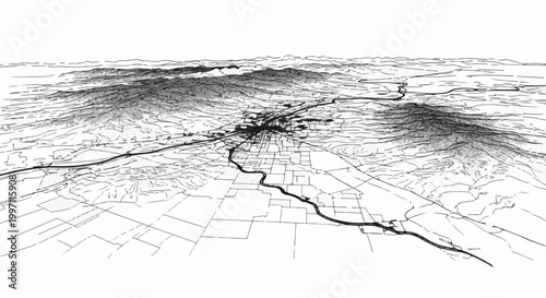 3D terrain map view of city with river and mountains in background