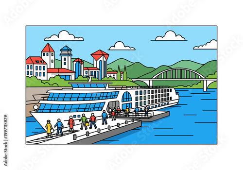 River cruise ship docked at a European city harbor with passengers disembarking