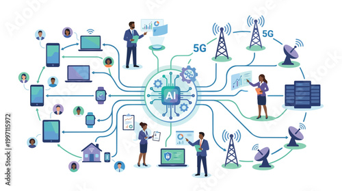 Artificial Intelligence Network Connecting Diverse Workers and 5G Telecom Infrastructure Illustration