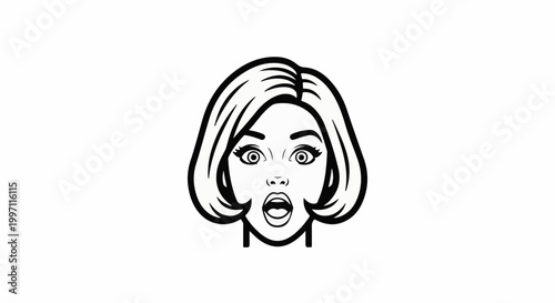 A black and white graphic of a woman's face with wide eyes and an open mouth