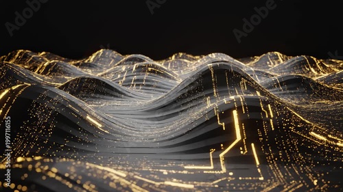 Golden Digital Data Flowing Across Abstract Wavy Surface Illuminating Circuit Board Lines