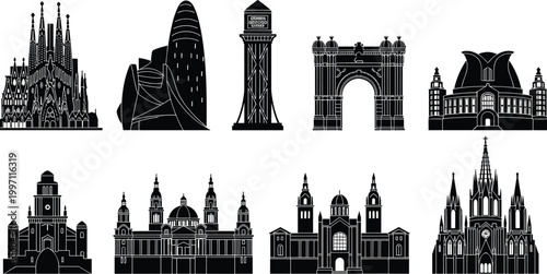 Barcelona architectural landmark silhouettes including Sagrada Familia Torre Glories Arc de Triomf Cathedral and Palau Nacional illustration design