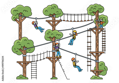 Children enjoying a thrilling adventure park with zip lines and rope bridges in trees