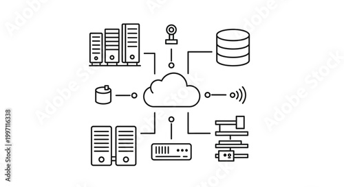 Cloud Computing Network Diagram: Servers, Database, IoT, and Wireless Connection