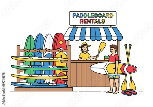 Paddleboard rental stand with colorful boards and happy customers enjoying summer activities