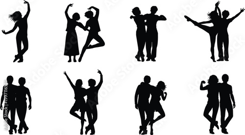 Couple dance silhouettes in expressive poses showing rhythm coordination movement harmony and connection through artistic performance illustration design