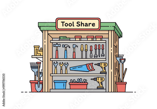 Organized tool shed with various hand and power tools neatly arranged on shelves