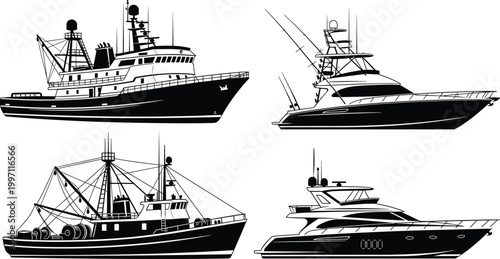Detailed silhouettes of diverse marine vessels including research ship fishing trawler sport yacht and luxury motor yacht illustration design