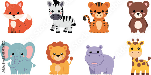 Cute safari animals vector set cartoon wildlife characters lion tiger elephant giraffe illustration collection isolated design