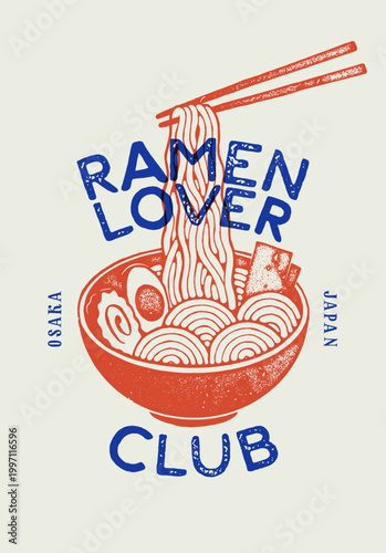 Vintage ramen typography t-shirt design with chopsticks lifting noodles from bowl, retro food badge t-shirt print vector illustration