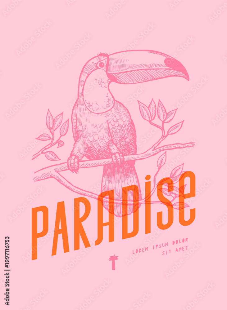 Naklejka premium Toucan on branch with retro paradise typography, yellow and pink vintage t-shirt print vector illustration