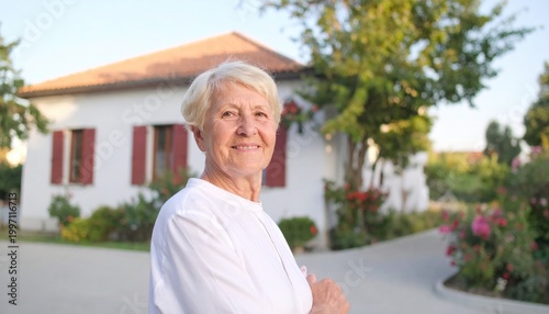 Portrait of senior woman in front of beautiful vacation home