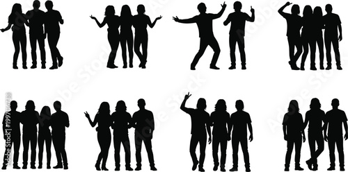 Group silhouettes of people standing together in casual poses representing friendship social interaction communication and community illustration design
