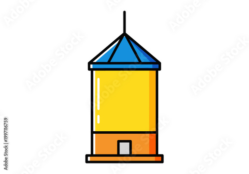 Stylized illustration of a water tower with a blue conical roof and yellow cylindrical body