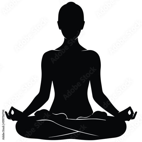 Woman yoga meditation silhouette icon in lotus pose for wellness and zen logo branding