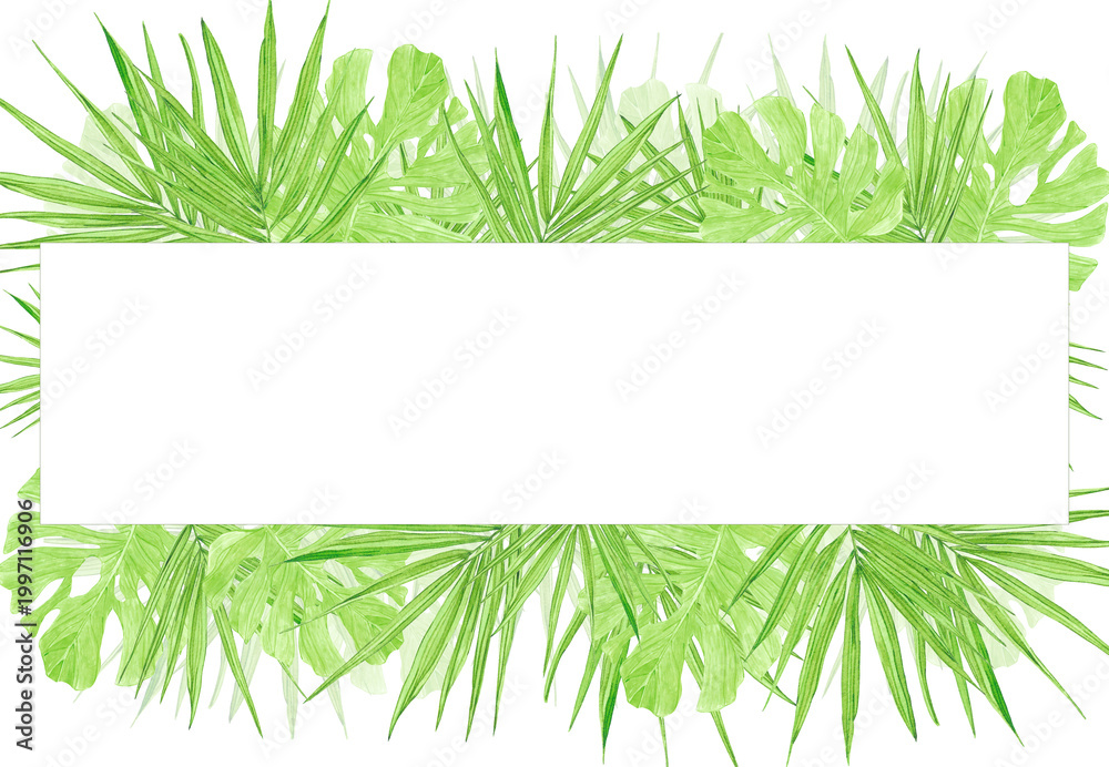 Fototapeta premium Hand drawn watercolor tropical leaves frame border. Illustration isolated on white background. Can be used for invitation, card, travel design and other printed products