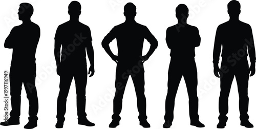Human silhouettes standing in different casual poses with arms crossed relaxed or on hips representing posture gesture illustration design