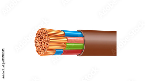Multicolored electrical cable with multiple inner wires and brown outer sheath Vector
