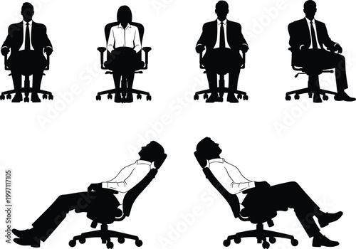 Office chair silhouettes of people sitting upright and reclining showing ergonomic posture workplace seating and body position illustration